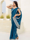 Exclusive Teal Blue Dori Embroidered Chinon Event Wear Saree With Blouse - Zeel Clothing