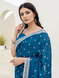 Exclusive Teal Blue Dori Embroidered Chinon Event Wear Saree With Blouse - Zeel Clothing