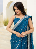 Exclusive Teal Blue Dori Embroidered Chinon Event Wear Saree With Blouse - Zeel Clothing