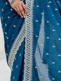 Exclusive Teal Blue Dori Embroidered Chinon Event Wear Saree With Blouse - Zeel Clothing