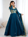 Exclusive Teal Blue Sequins Georgette Festive Wear Gown With Dupatta