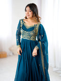 Exclusive Teal Blue Sequins Georgette Festive Wear Gown With Dupatta