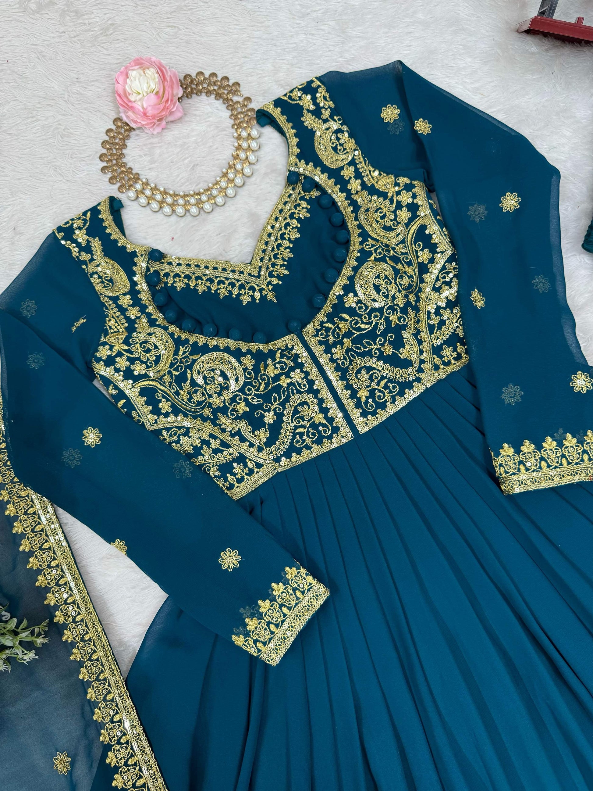 Exclusive Teal Blue Sequins Georgette Festive Wear Gown With Dupatta