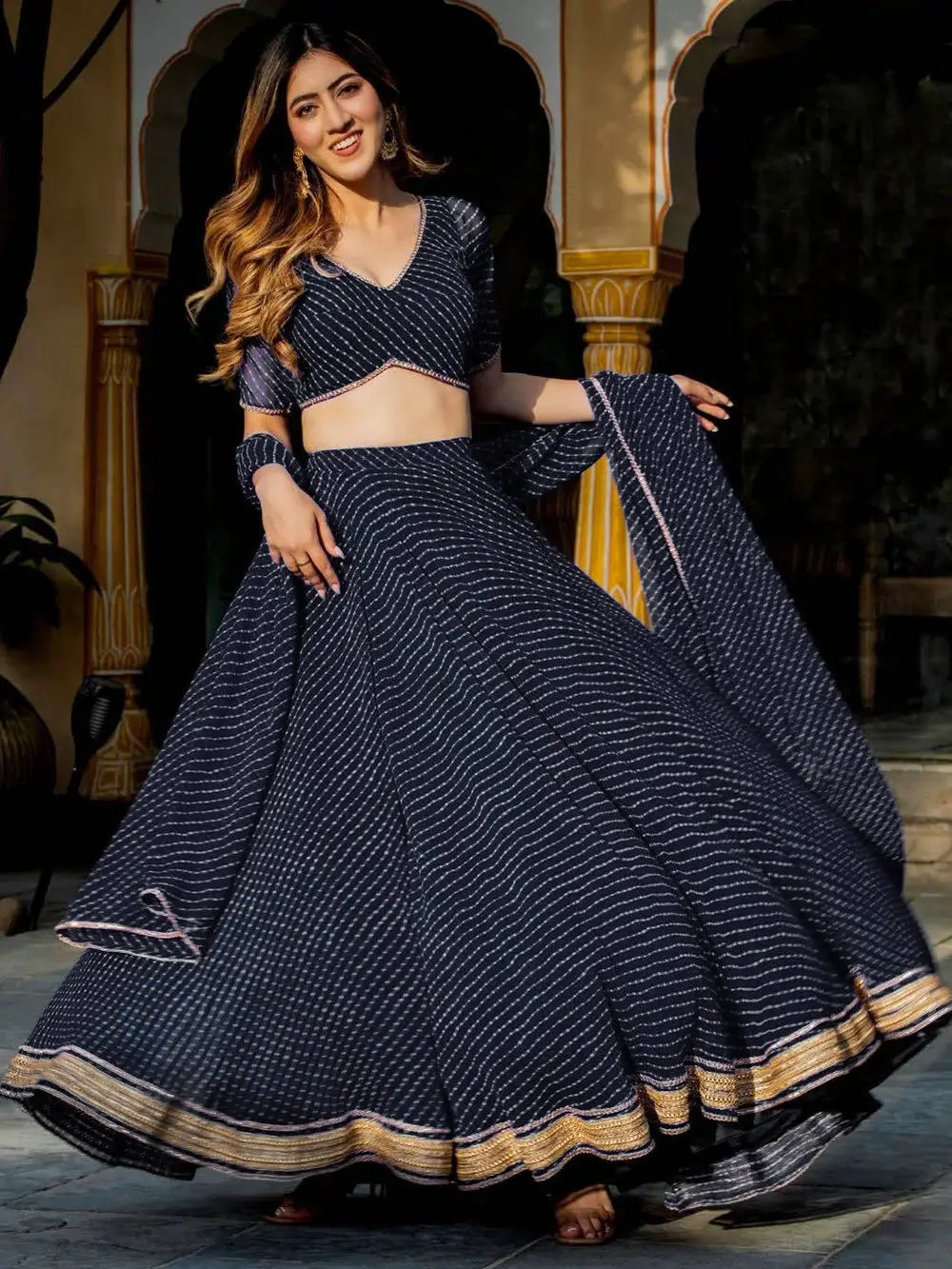 Exquisite Black Laheriya Print Georgette Designer Lehenga Choli - Zeel Clothing