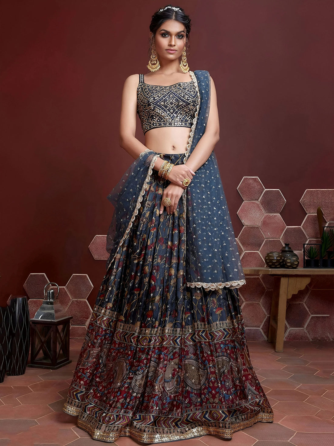 Exquisite Blue Digital Printed Chinon Silk Party Wear Lehenga Choli