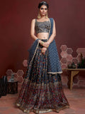 Exquisite Blue Digital Printed Chinon Silk Party Wear Lehenga Choli