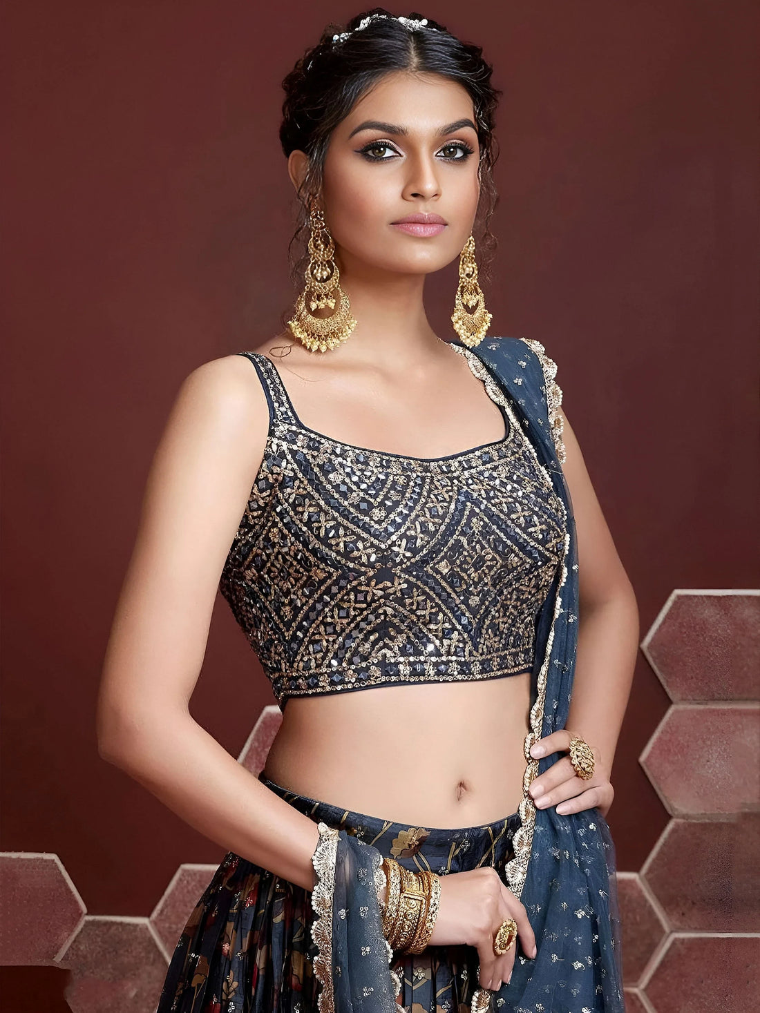 Exquisite Blue Digital Printed Chinon Silk Party Wear Lehenga Choli