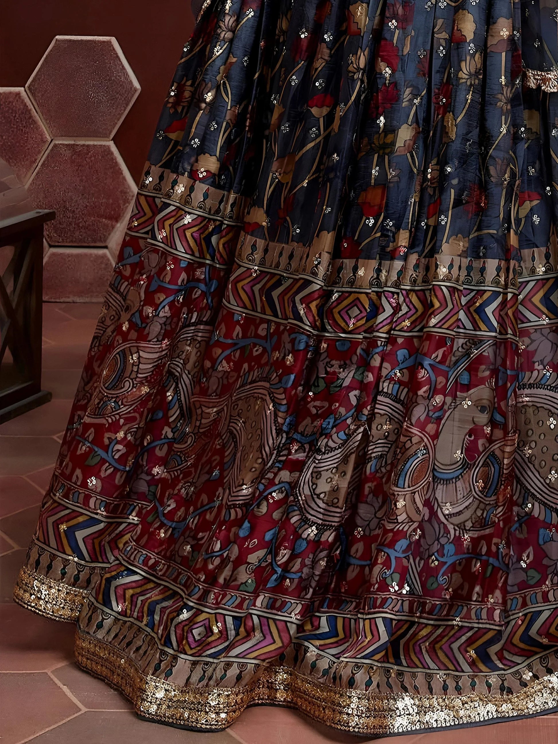 Exquisite Blue Digital Printed Chinon Silk Party Wear Lehenga Choli
