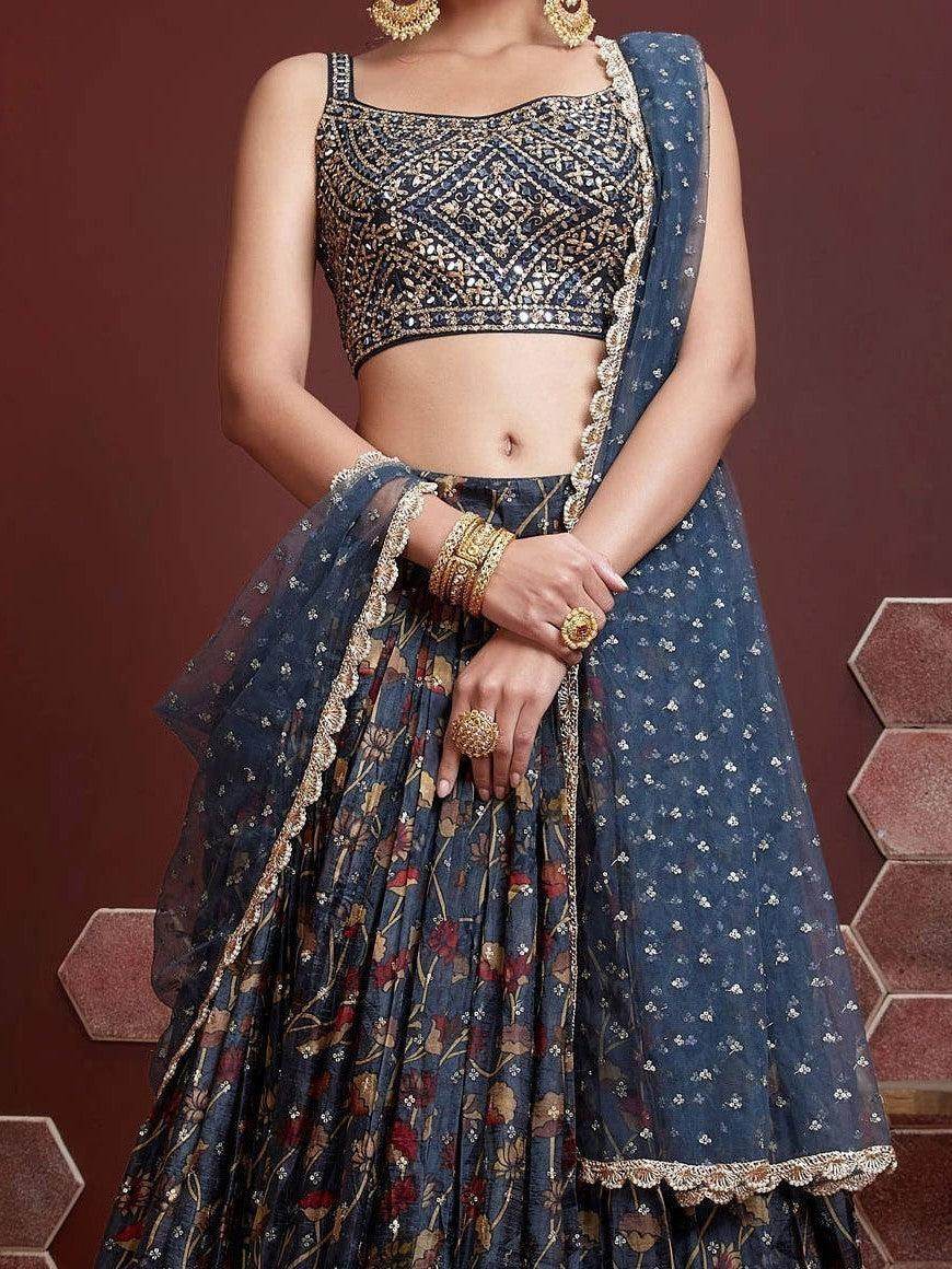 Exquisite Blue Digital Printed Chinon Silk Party Wear Lehenga Choli - Zeel Clothing