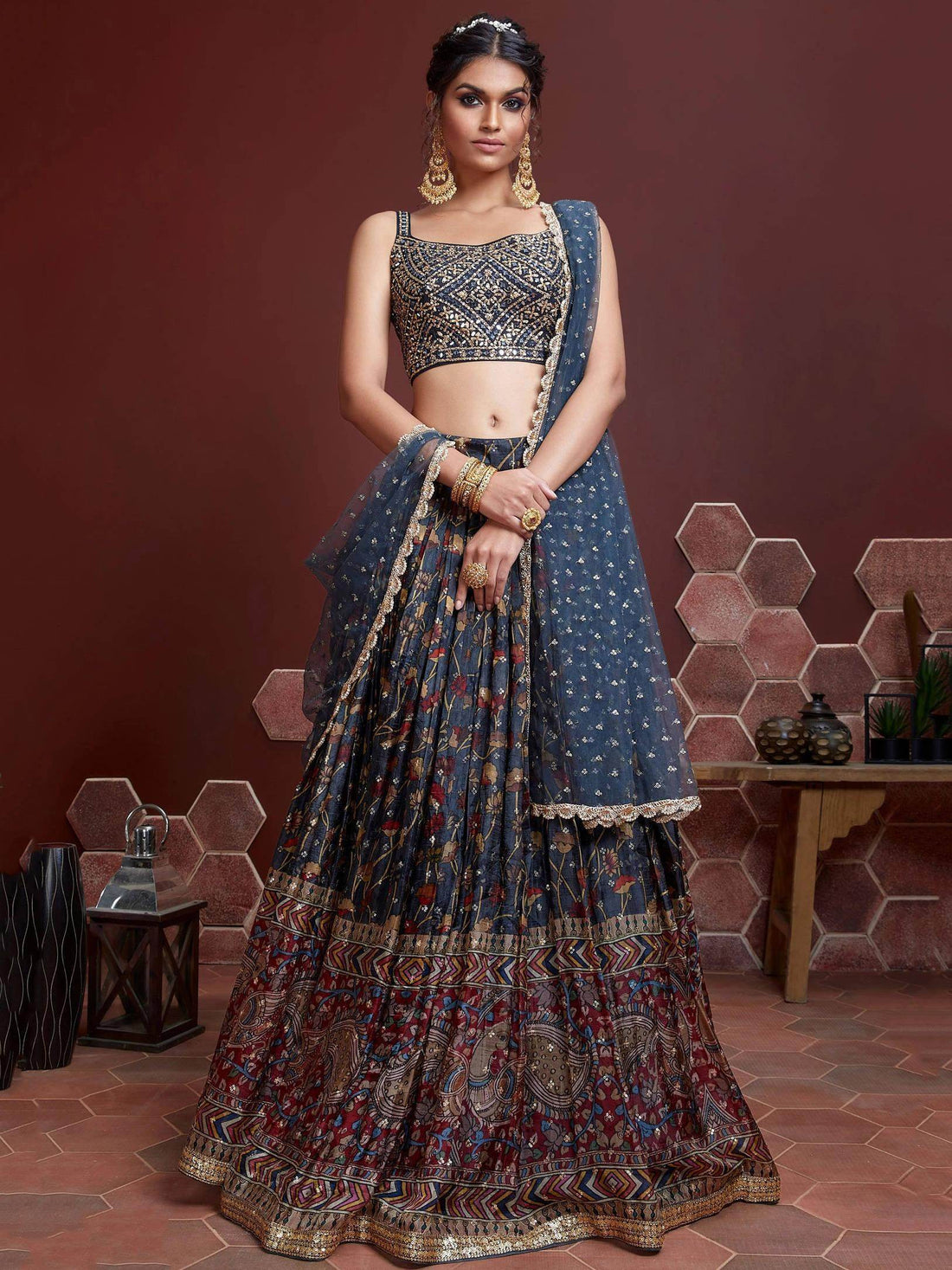 Exquisite Blue Digital Printed Chinon Silk Party Wear Lehenga Choli - Zeel Clothing