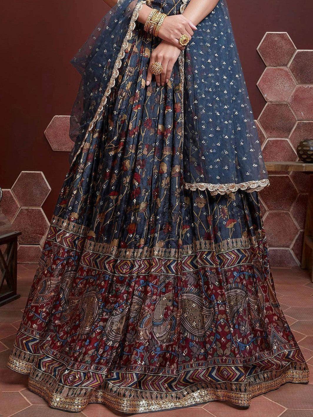 Exquisite Blue Digital Printed Chinon Silk Party Wear Lehenga Choli - Zeel Clothing