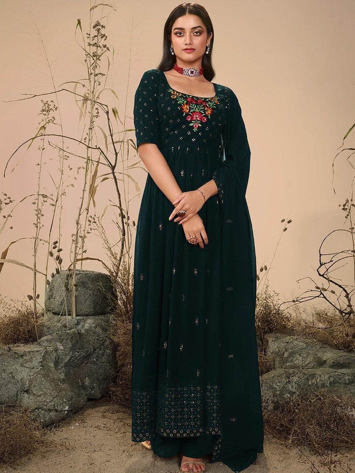 Exquisite Dark Olive Green Sequins Georgette Ready-Made Palazzo Suit - Zeel Clothing