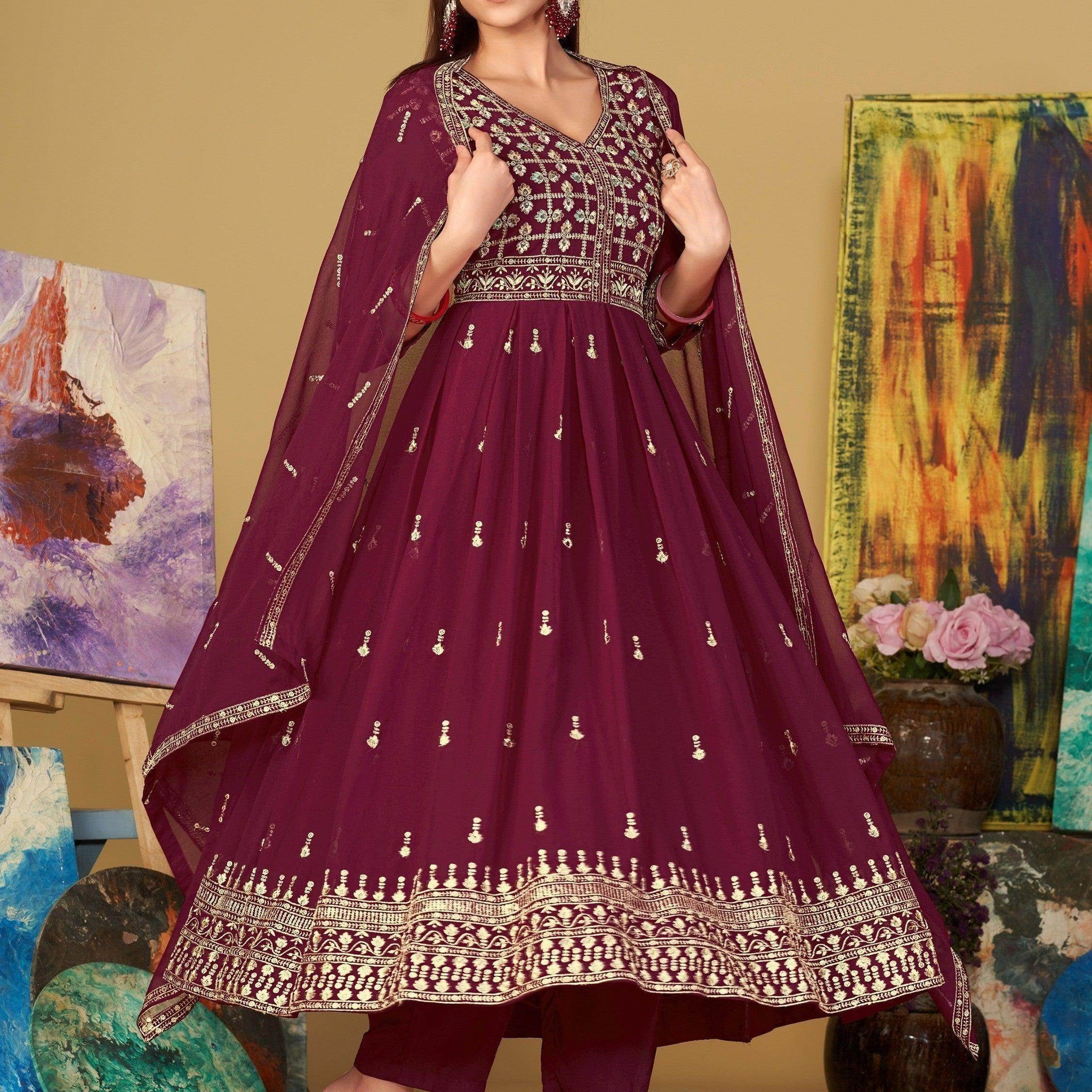 Exquisite Dark Pink Embroidered Georgette Function Wear Anarkali Suit - Zeel Clothing