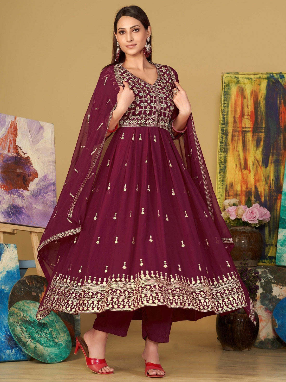 Exquisite Dark Pink Embroidered Georgette Function Wear Anarkali Suit - Zeel Clothing