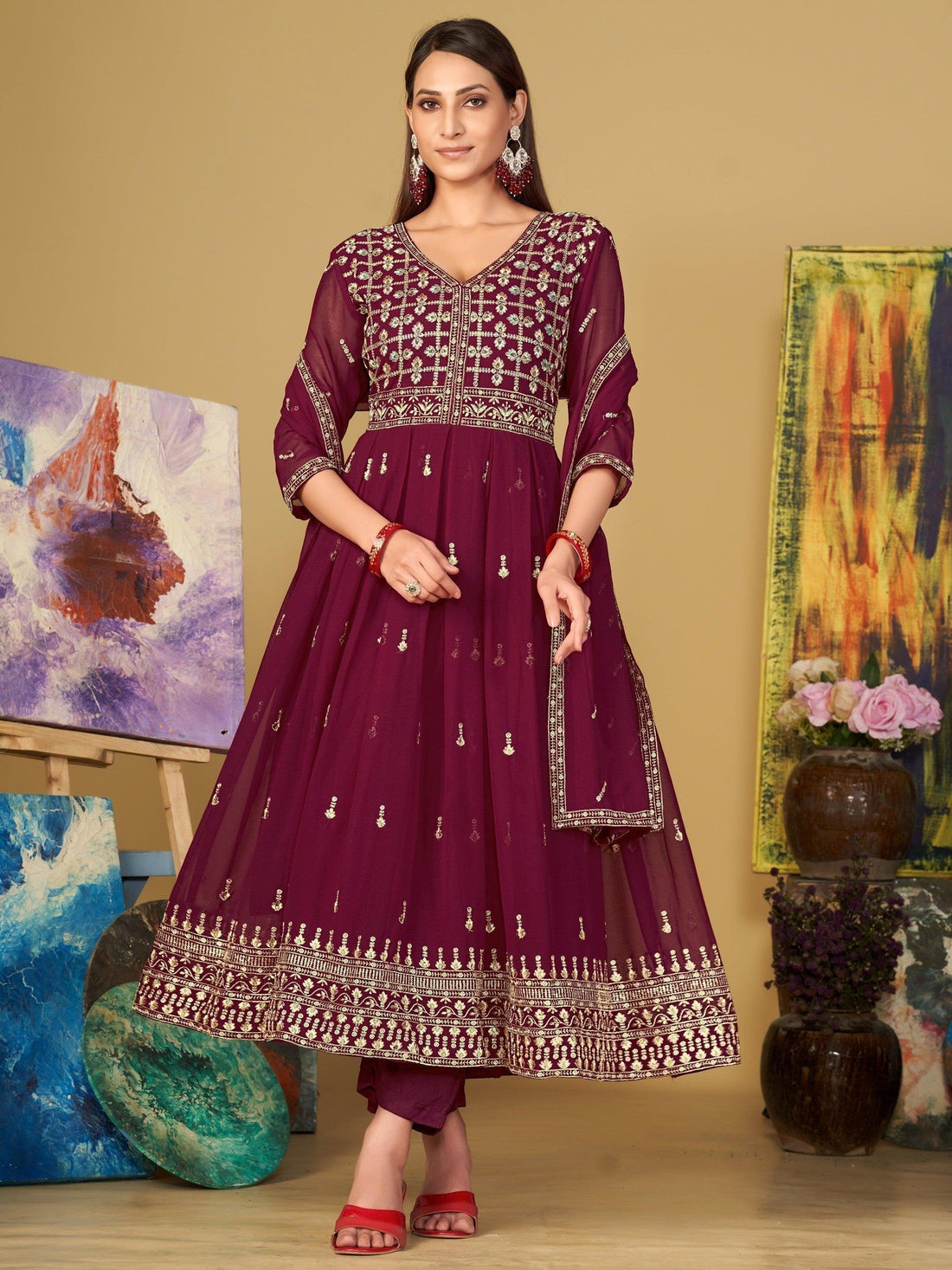 Exquisite Dark Pink Embroidered Georgette Function Wear Anarkali Suit