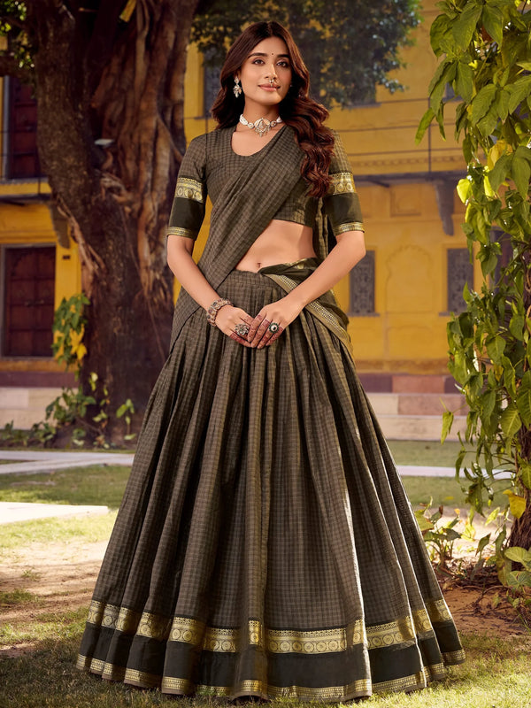 Exquisite Grey Zari Weaving Cotton Lehenga Choli With Dupatta