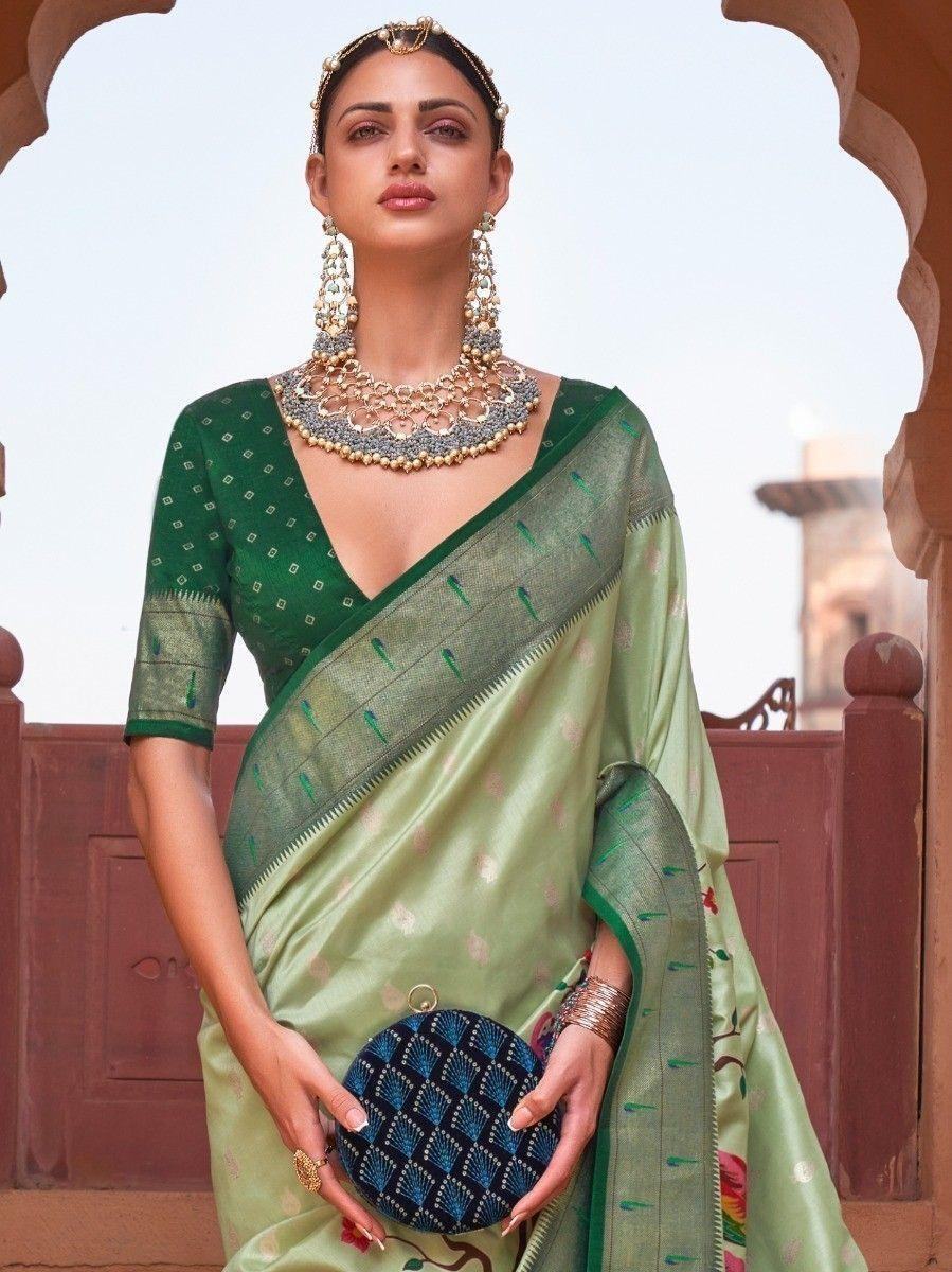 Exquisite Light Green Paithani Printed Occasion Wear Silk Saree - Zeel Clothing