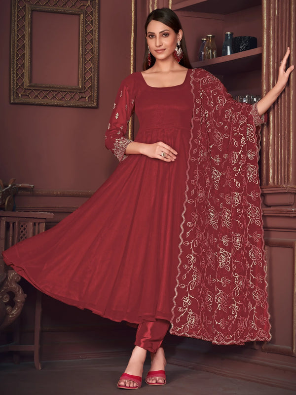 Exquisite Maroon Embroidered Georgette Reception Wear Anarkali Suit - Zeel Clothing
