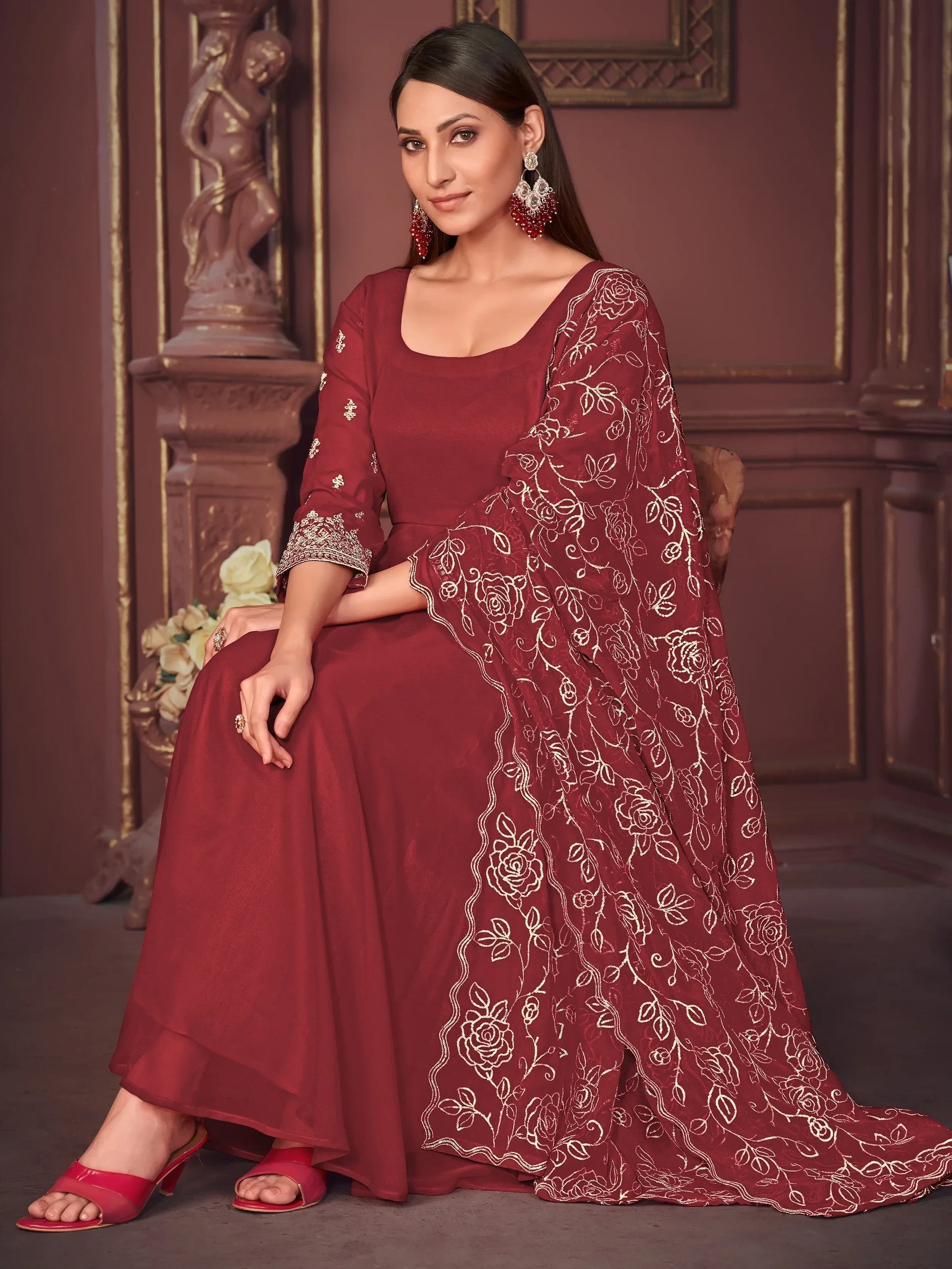 Exquisite Maroon Embroidered Georgette Reception Wear Anarkali Suit - Zeel Clothing