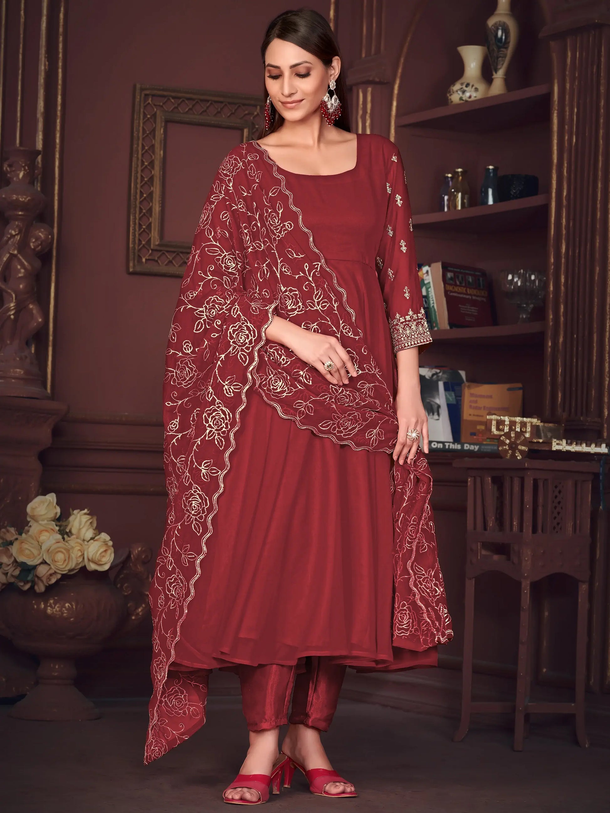 Exquisite Maroon Embroidered Georgette Reception Wear Anarkali Suit - Zeel Clothing