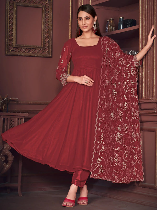 Exquisite Maroon Embroidered Georgette Reception Wear Anarkali Suit - Zeel Clothing