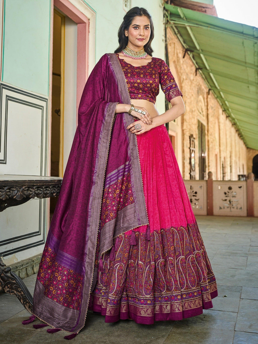 Exquisite Pink Foil Printed Tussar Silk Function Wear Lehenga Choli