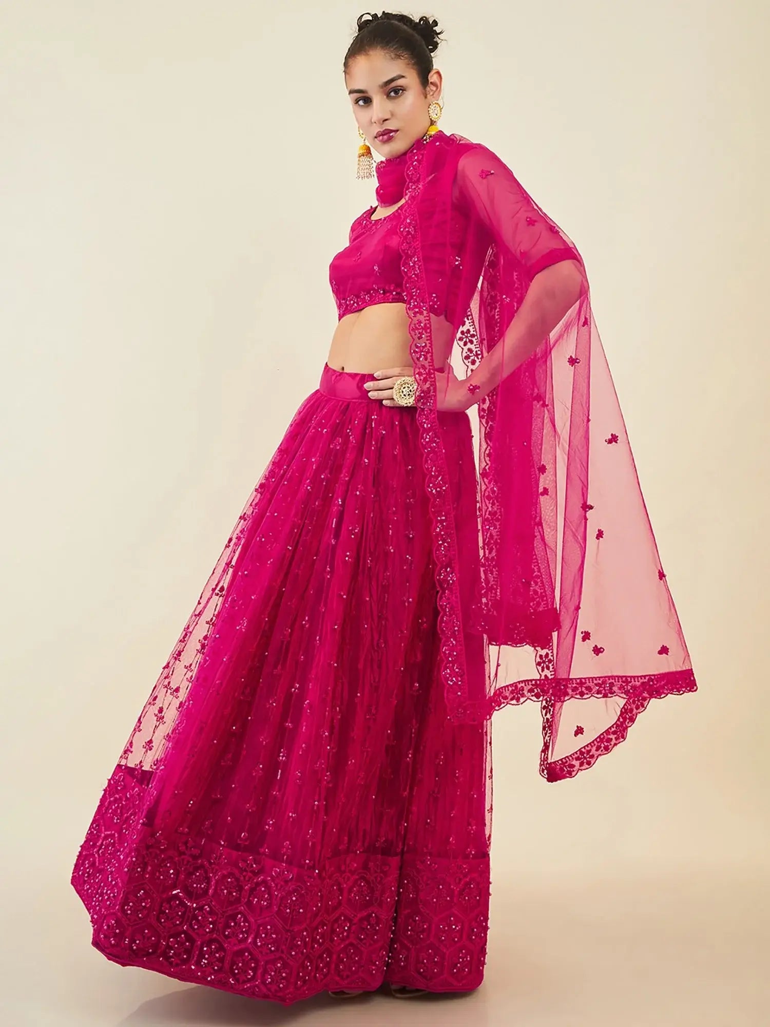 Exquisite Pink Sequins Net Sangeet Wear Lehenga Choli With Dupatta - Zeel Clothing
