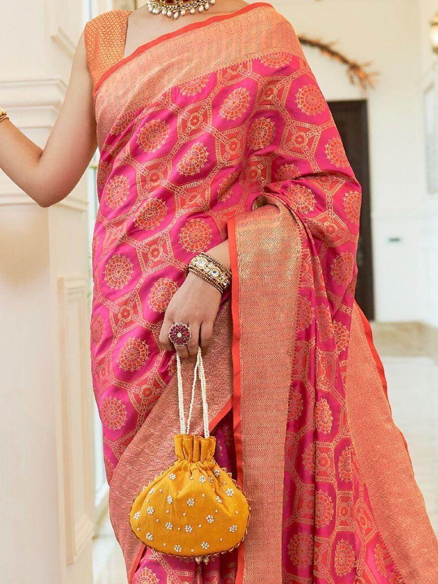 Exquisite Pink Woven Silk Festive Wear Saree With Blouse - Zeel Clothing