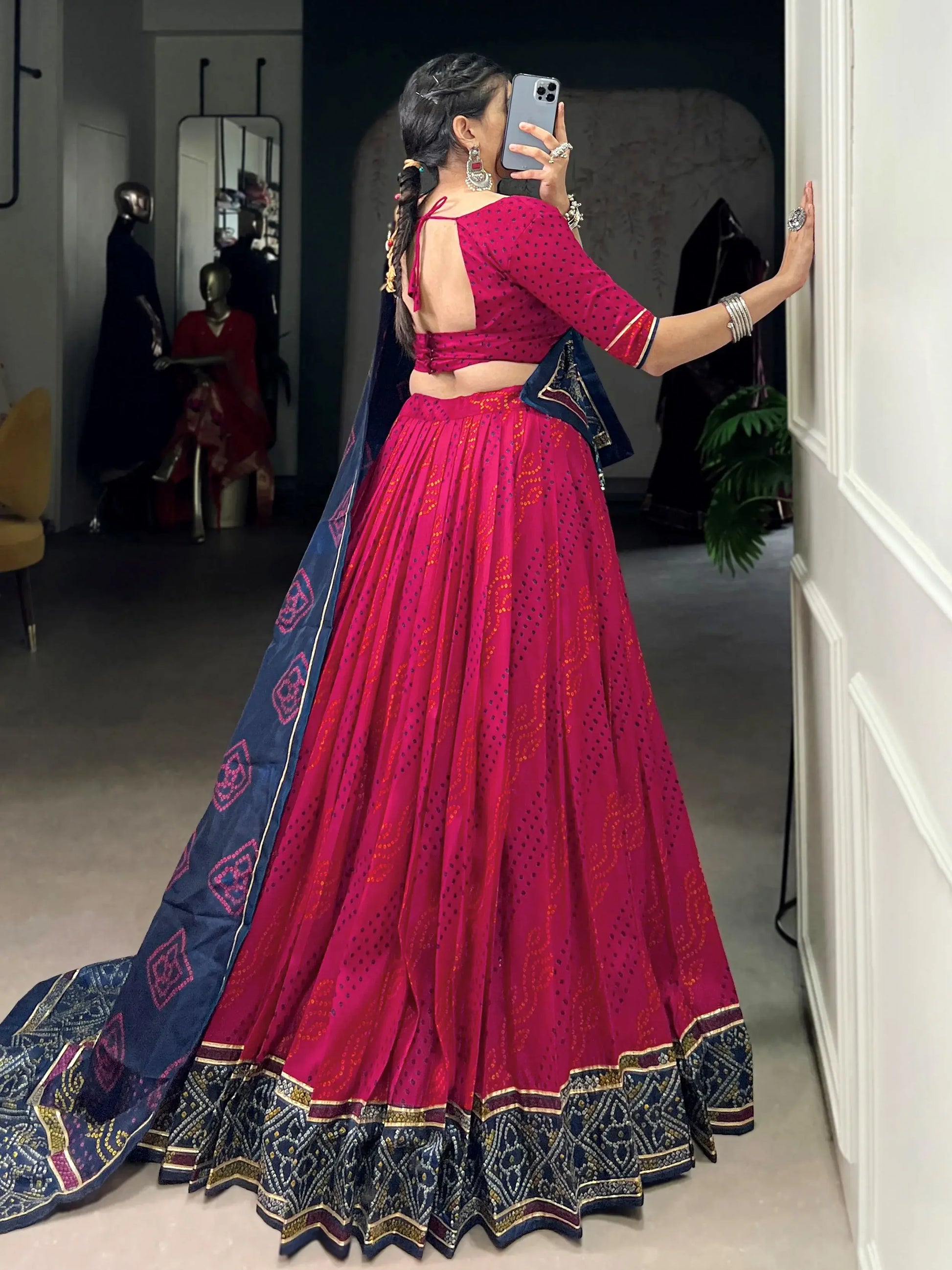Exquisite Rani Pink Bandhej Print Tussar Silk Lehenga Choli With Dupatta - Zeel Clothing