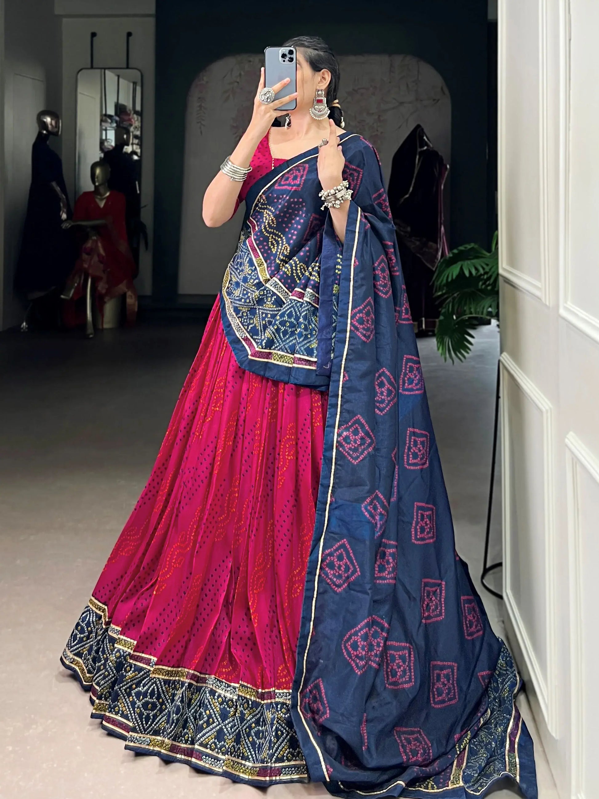 Exquisite Rani Pink Bandhej Print Tussar Silk Lehenga Choli With Dupatta - Zeel Clothing