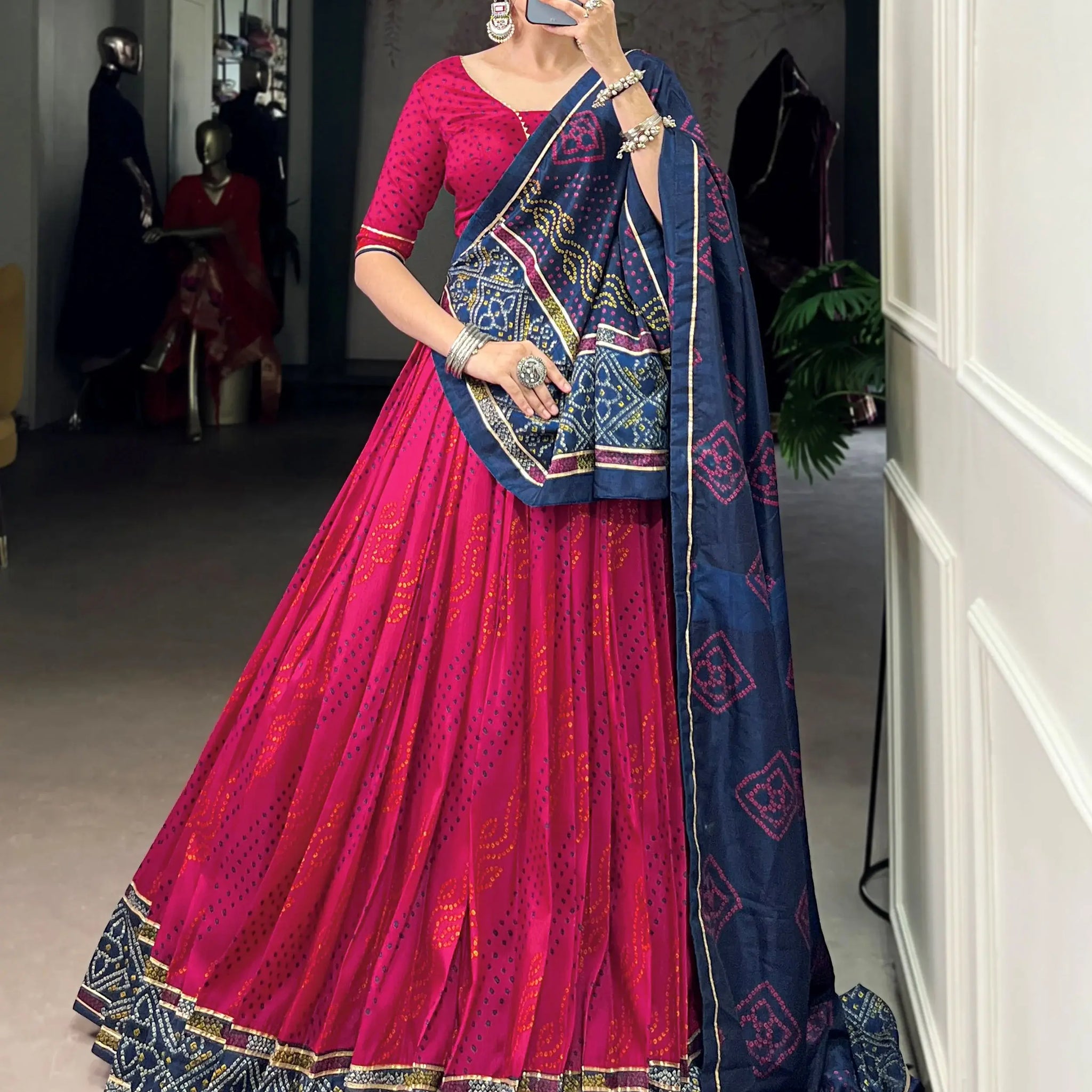 Exquisite Rani Pink Bandhej Print Tussar Silk Lehenga Choli With Dupatta - Zeel Clothing