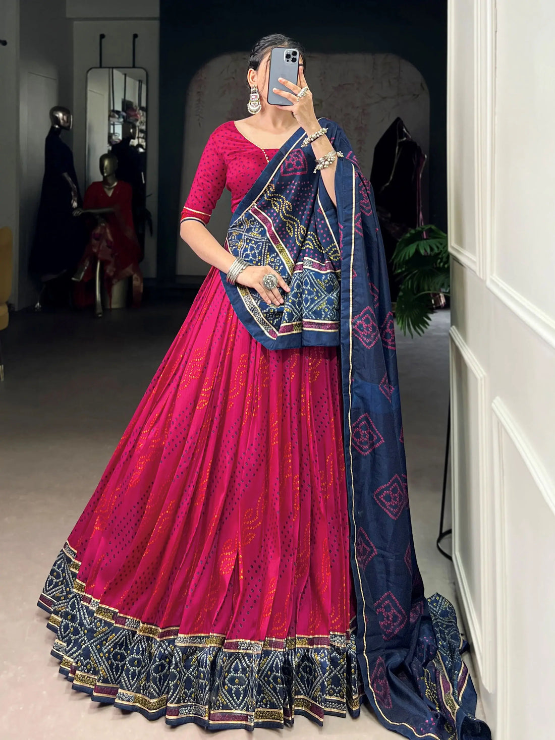 Exquisite Rani Pink Bandhej Print Tussar Silk Lehenga Choli With Dupatta - Zeel Clothing