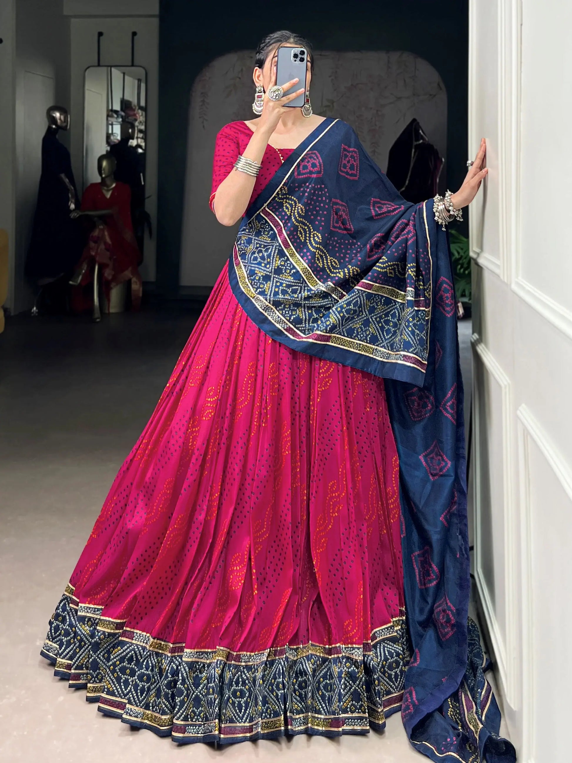 Exquisite Rani Pink Bandhej Print Tussar Silk Lehenga Choli With Dupatta - Zeel Clothing