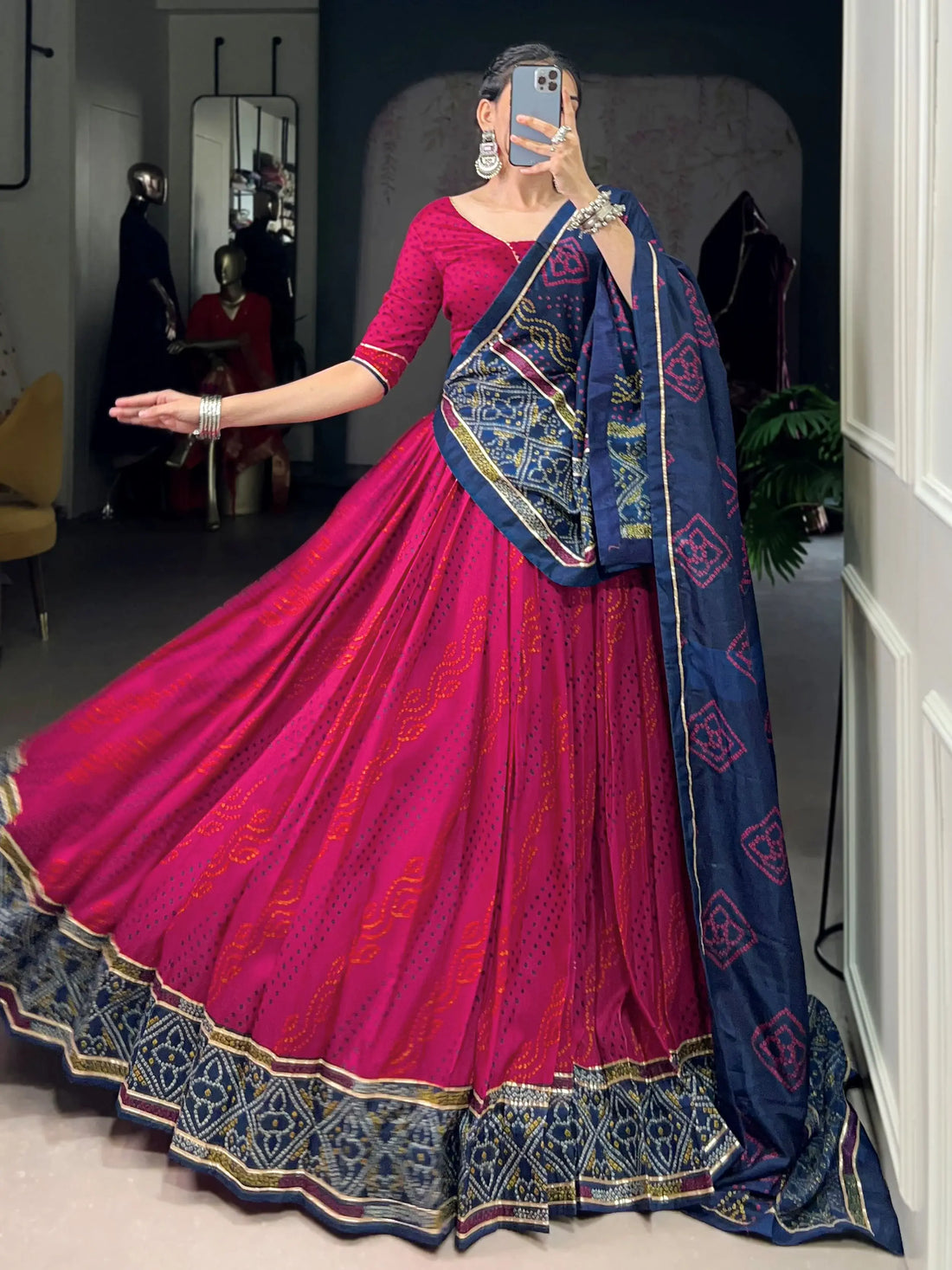 Exquisite Rani Pink Bandhej Print Tussar Silk Lehenga Choli With Dupatta - Zeel Clothing