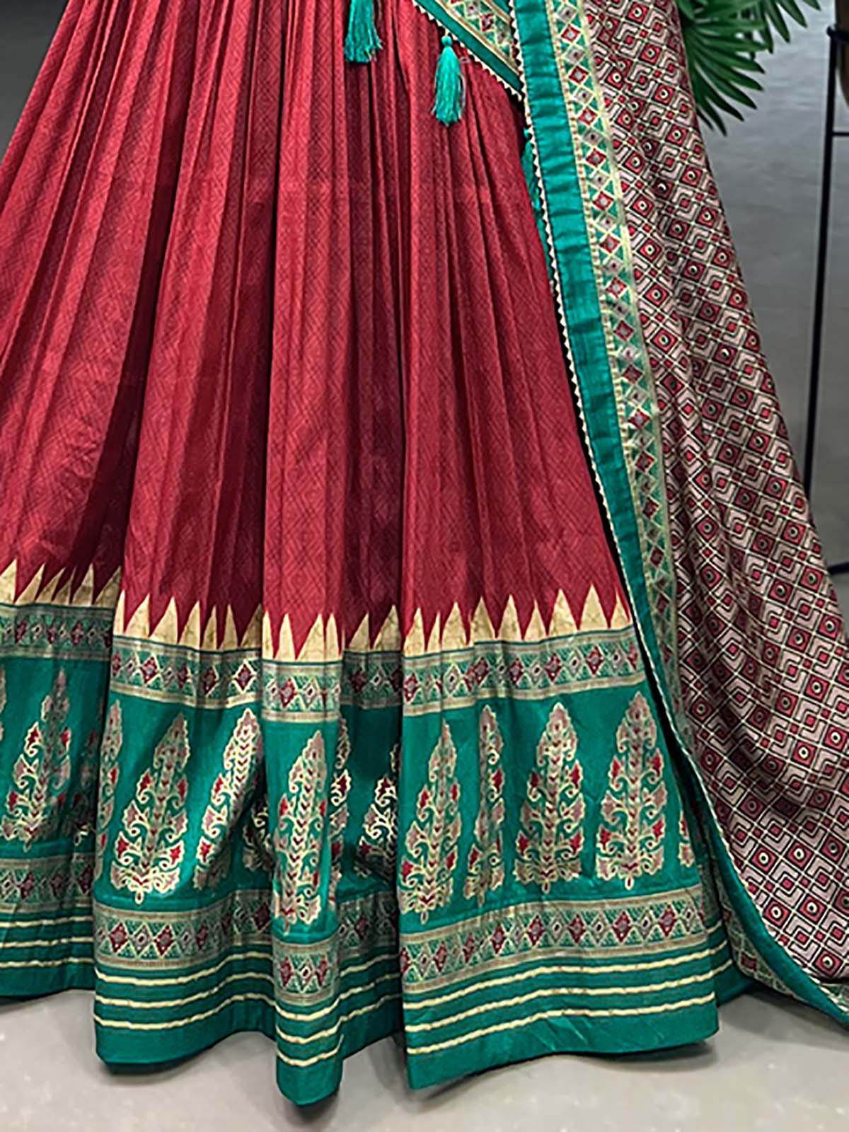 Exquisite Red Foil Print Silk Festive Wear Lehenga Choli With Dupatta - Zeel Clothing