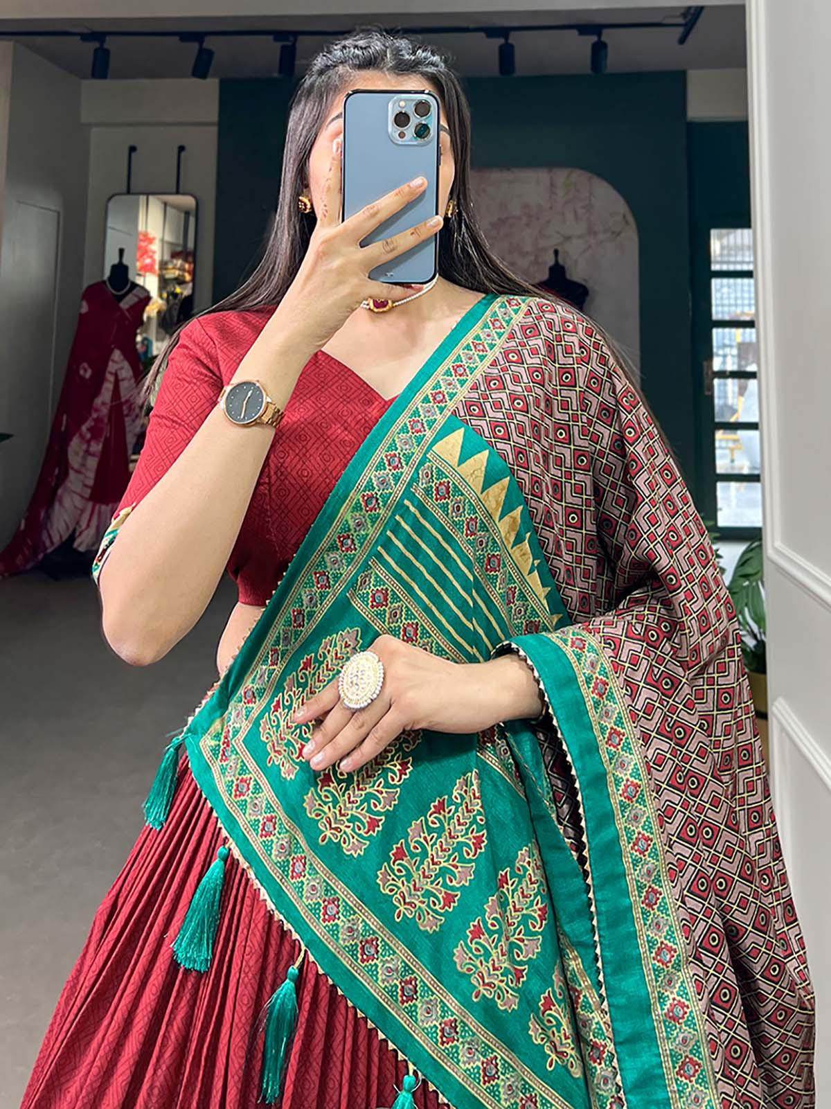 Exquisite Red Foil Print Silk Festive Wear Lehenga Choli With Dupatta - Zeel Clothing