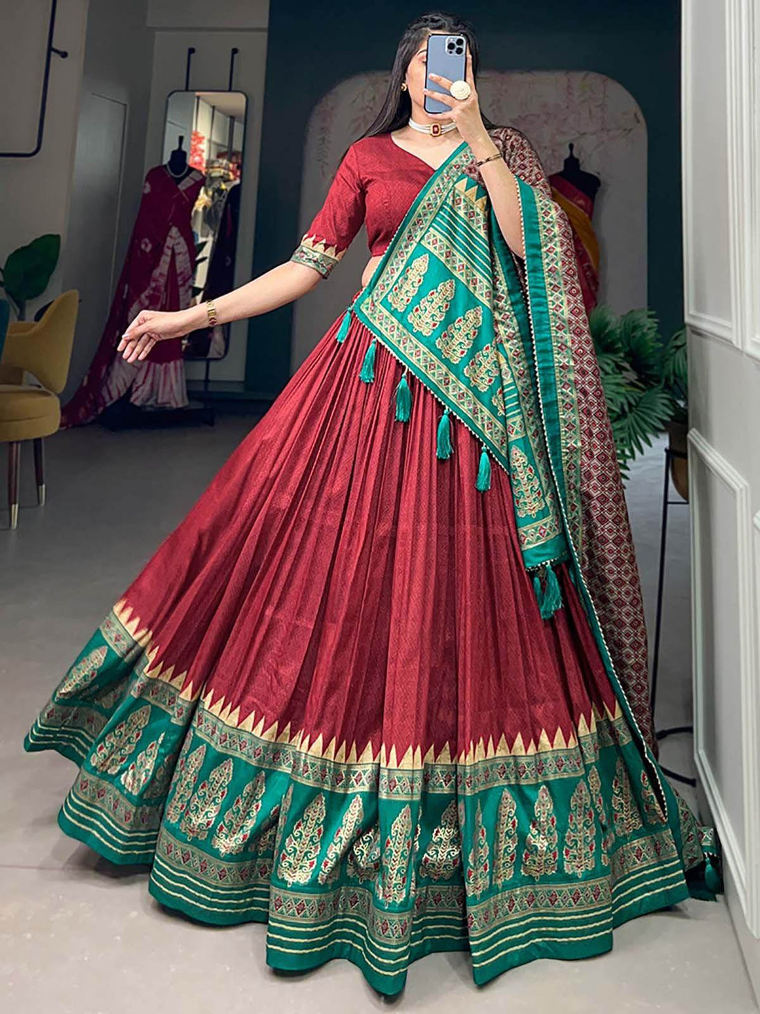 Exquisite Red Foil Print Silk Festive Wear Lehenga Choli With Dupatta - Zeel Clothing