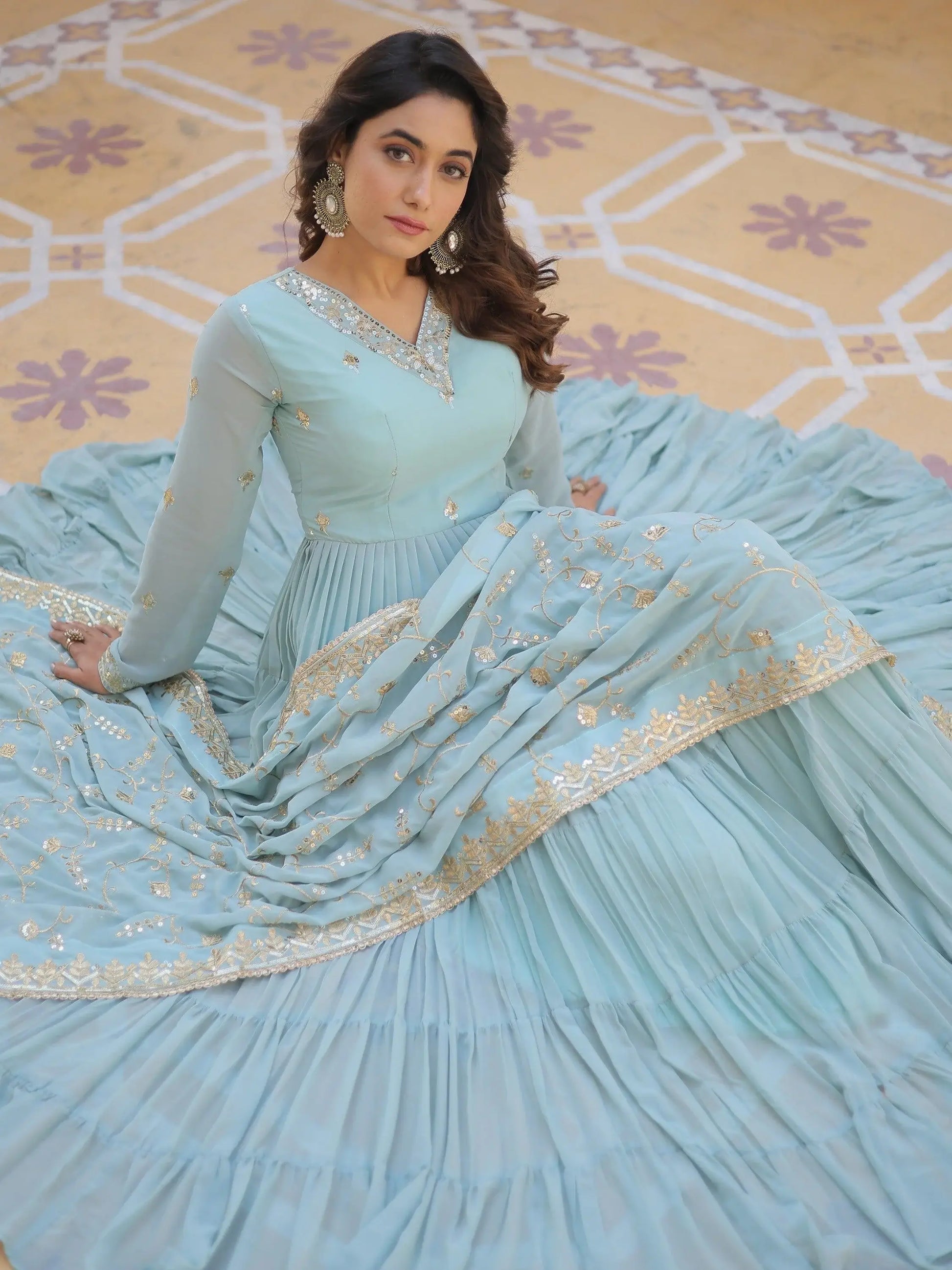 Exquisite Sky Blue Embroidered Georgette Engagement Wear Gown - Zeel Clothing
