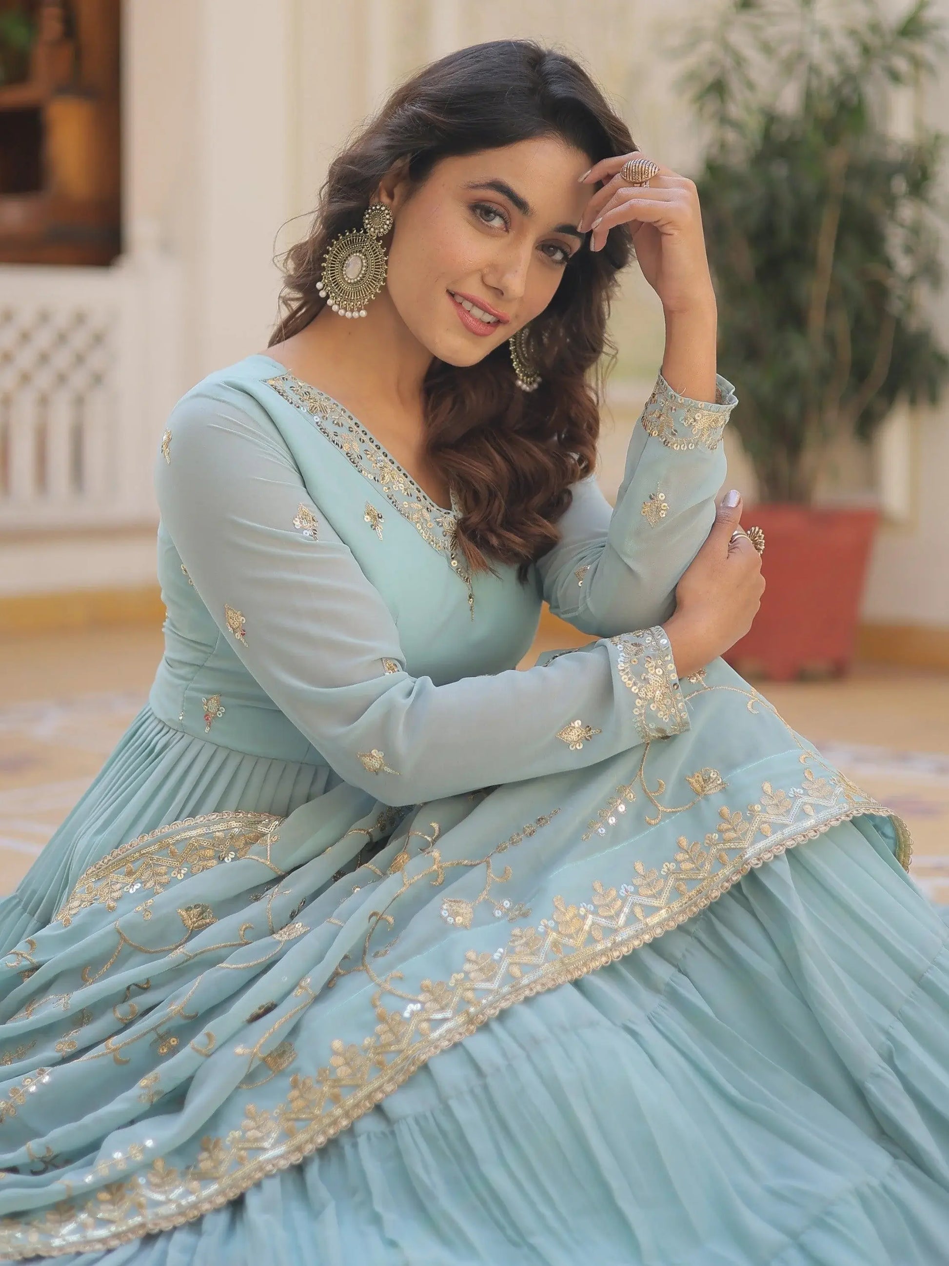 Exquisite Sky Blue Embroidered Georgette Engagement Wear Gown - Zeel Clothing
