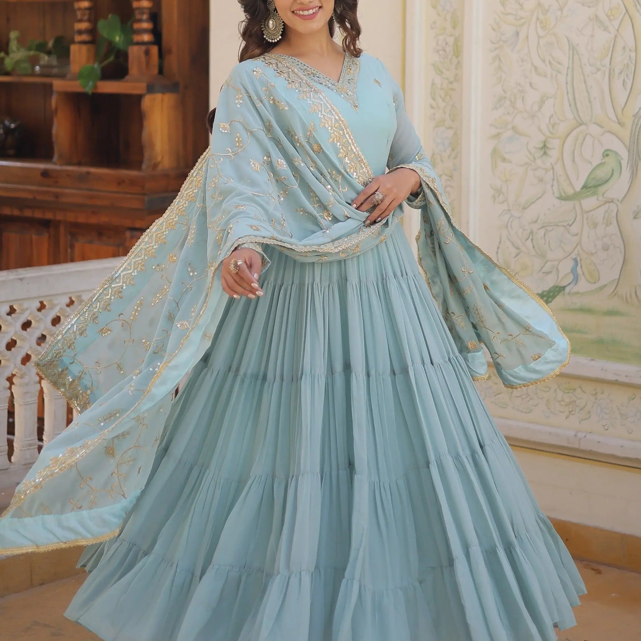 Exquisite Sky Blue Embroidered Georgette Engagement Wear Gown - Zeel Clothing