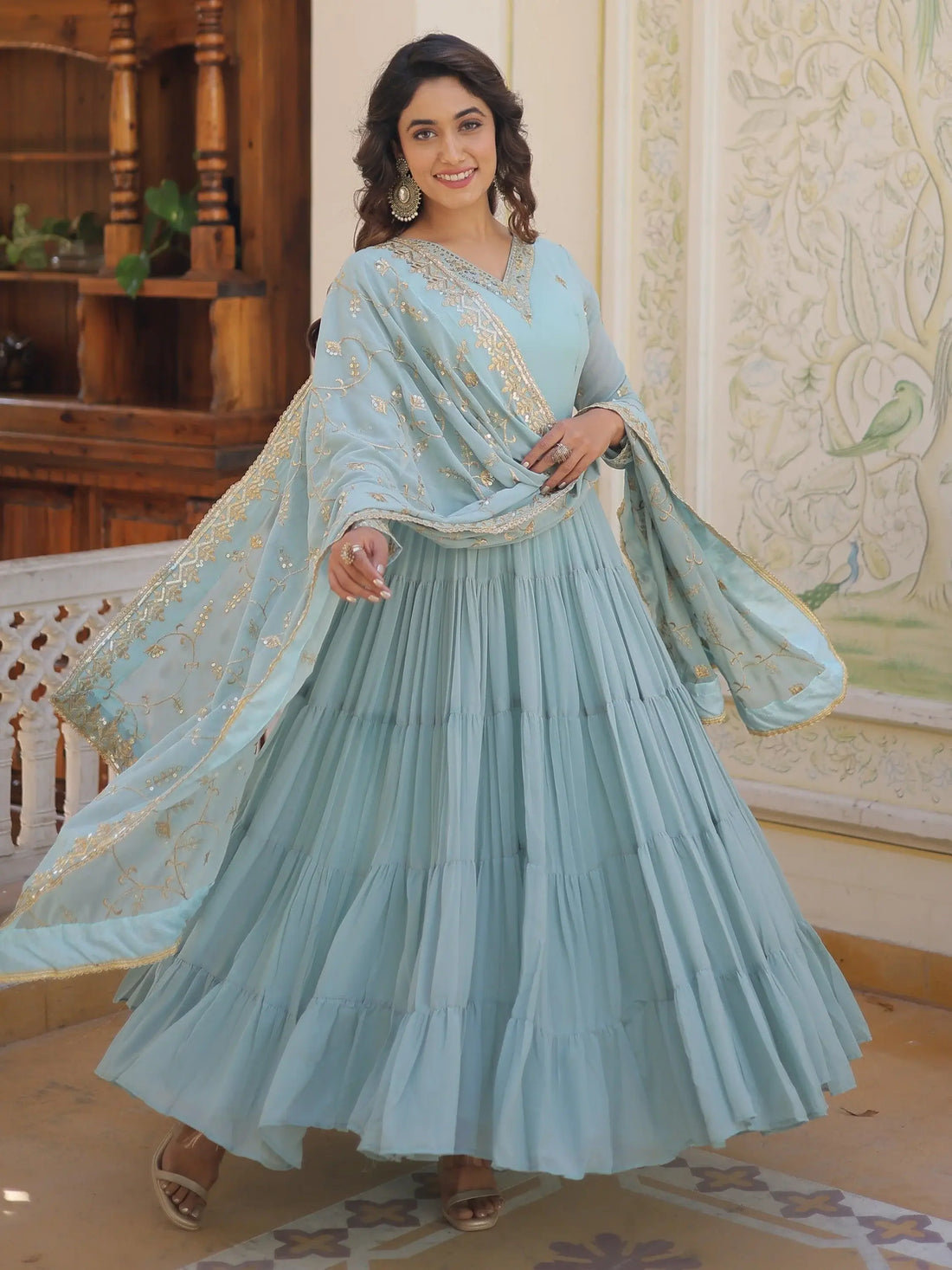 Exquisite Sky Blue Embroidered Georgette Engagement Wear Gown - Zeel Clothing