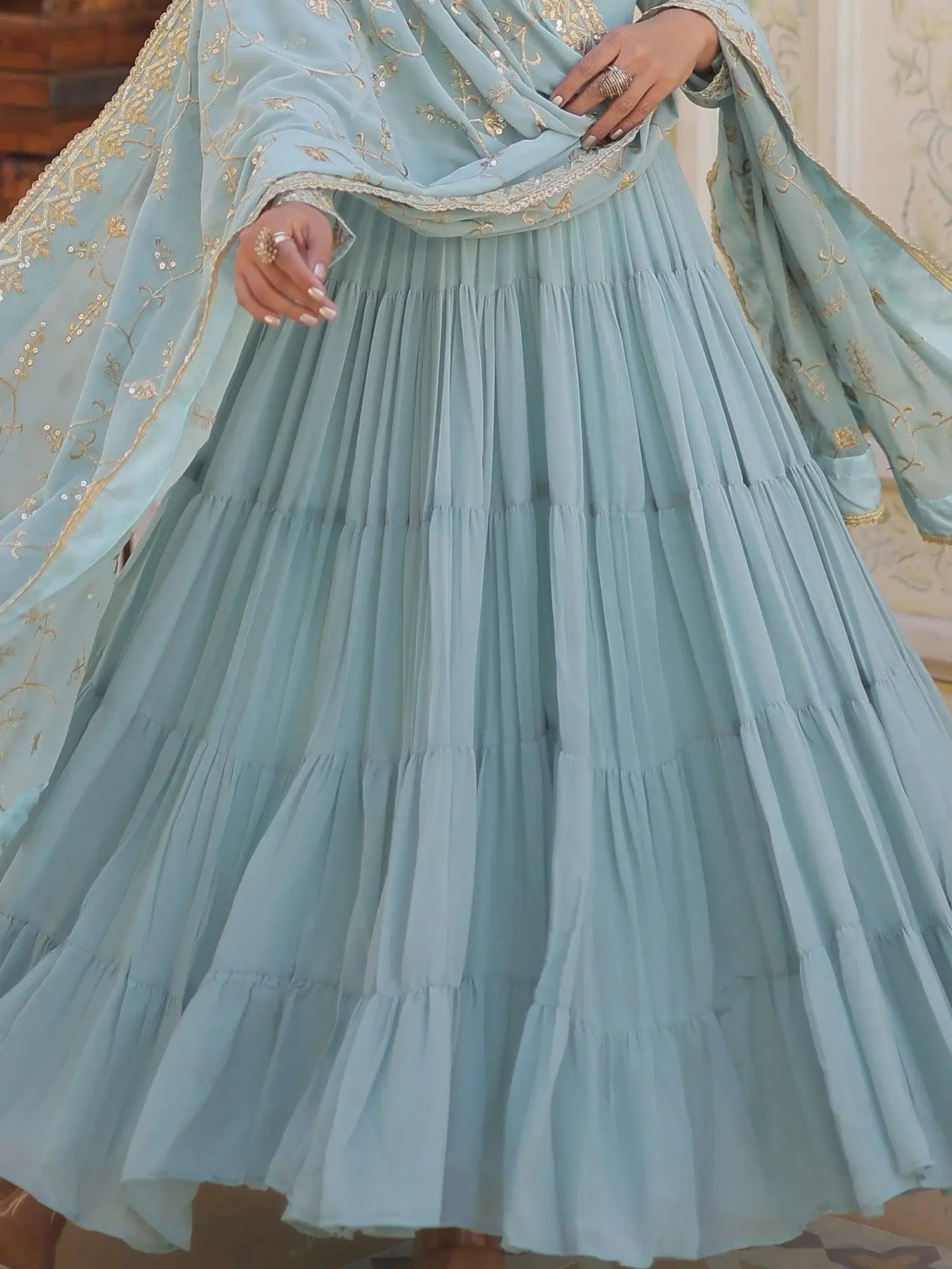 Exquisite Sky Blue Embroidered Georgette Engagement Wear Gown - Zeel Clothing
