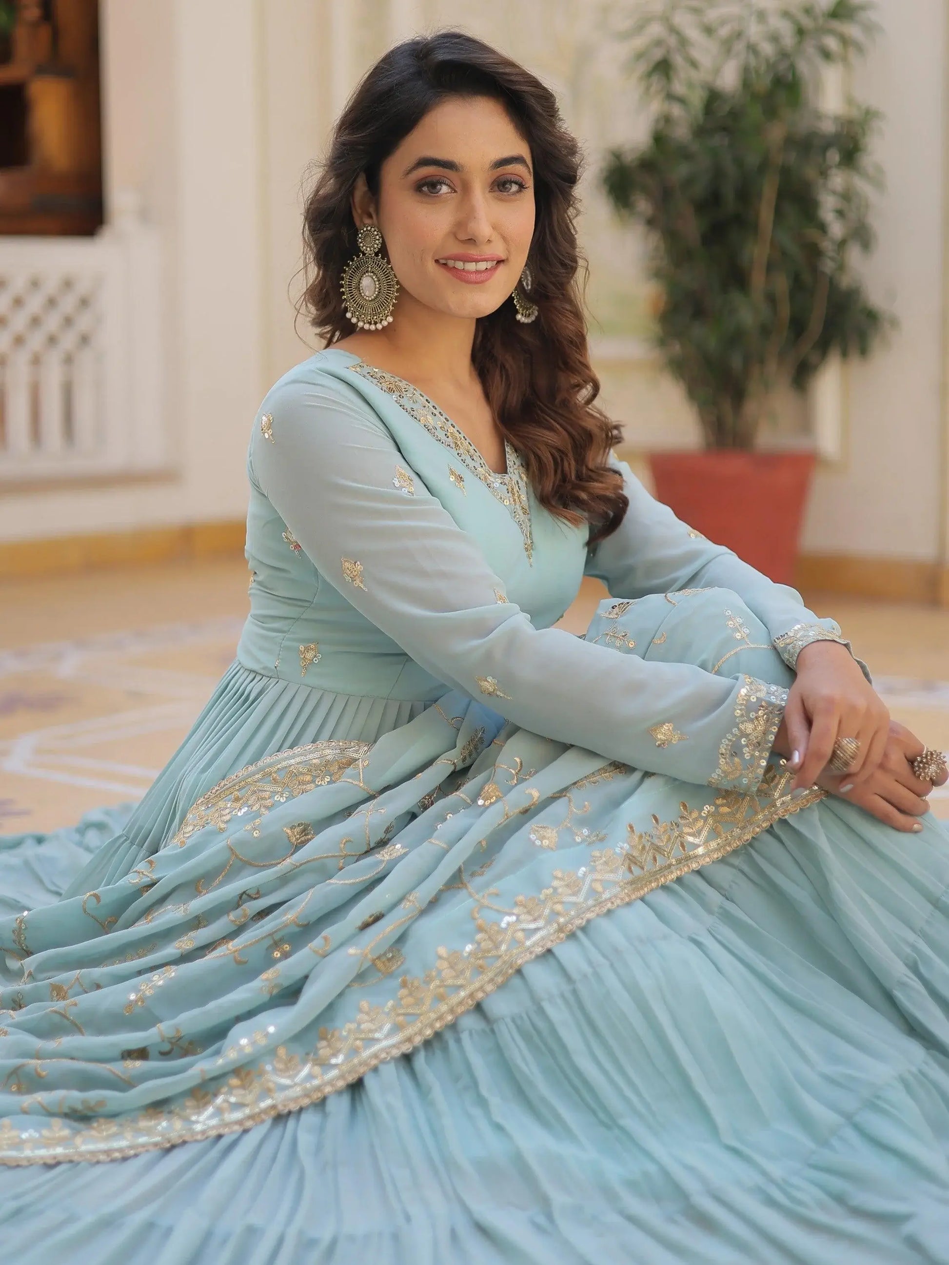 Exquisite Sky Blue Embroidered Georgette Engagement Wear Gown - Zeel Clothing