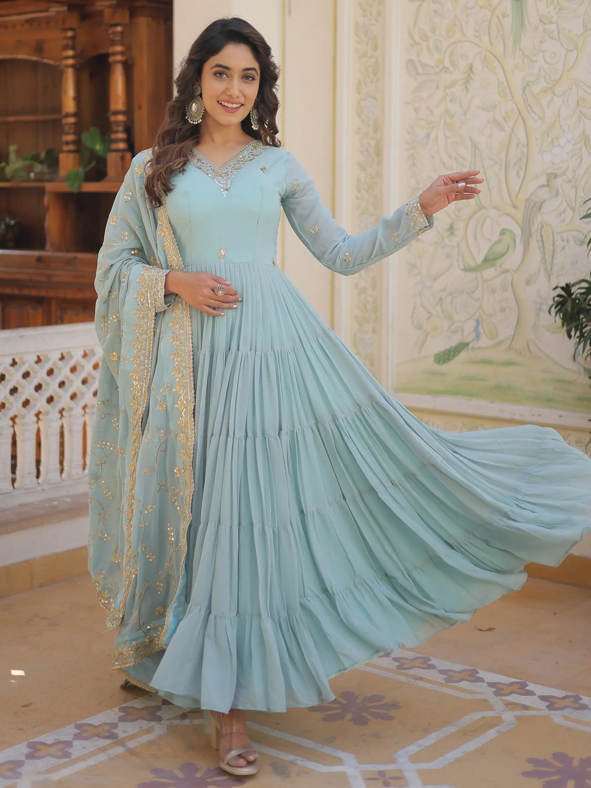 Exquisite Sky Blue Embroidered Georgette Engagement Wear Gown - Zeel Clothing