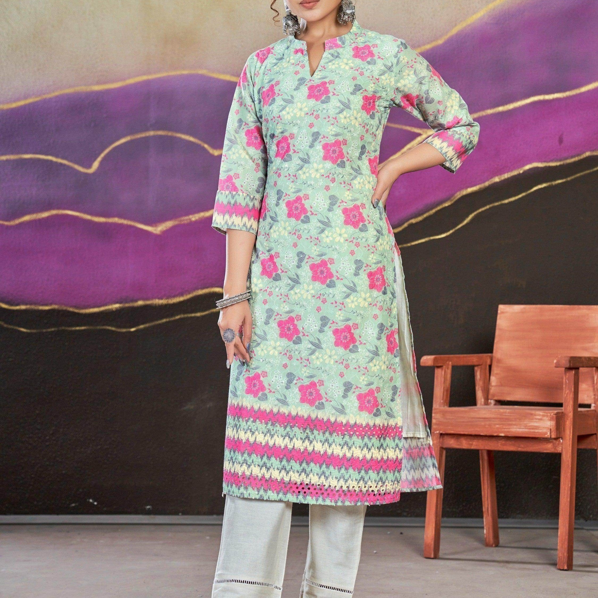 Exquisite Sky-Blue Floral Printed Cotton Events Wear Kurti - Zeel Clothing