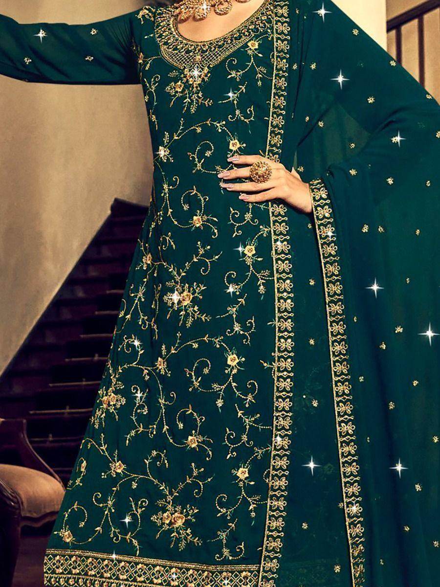 Exquisite Teal Green Embroidered Georgette Lehenga Suit - Zeel Clothing