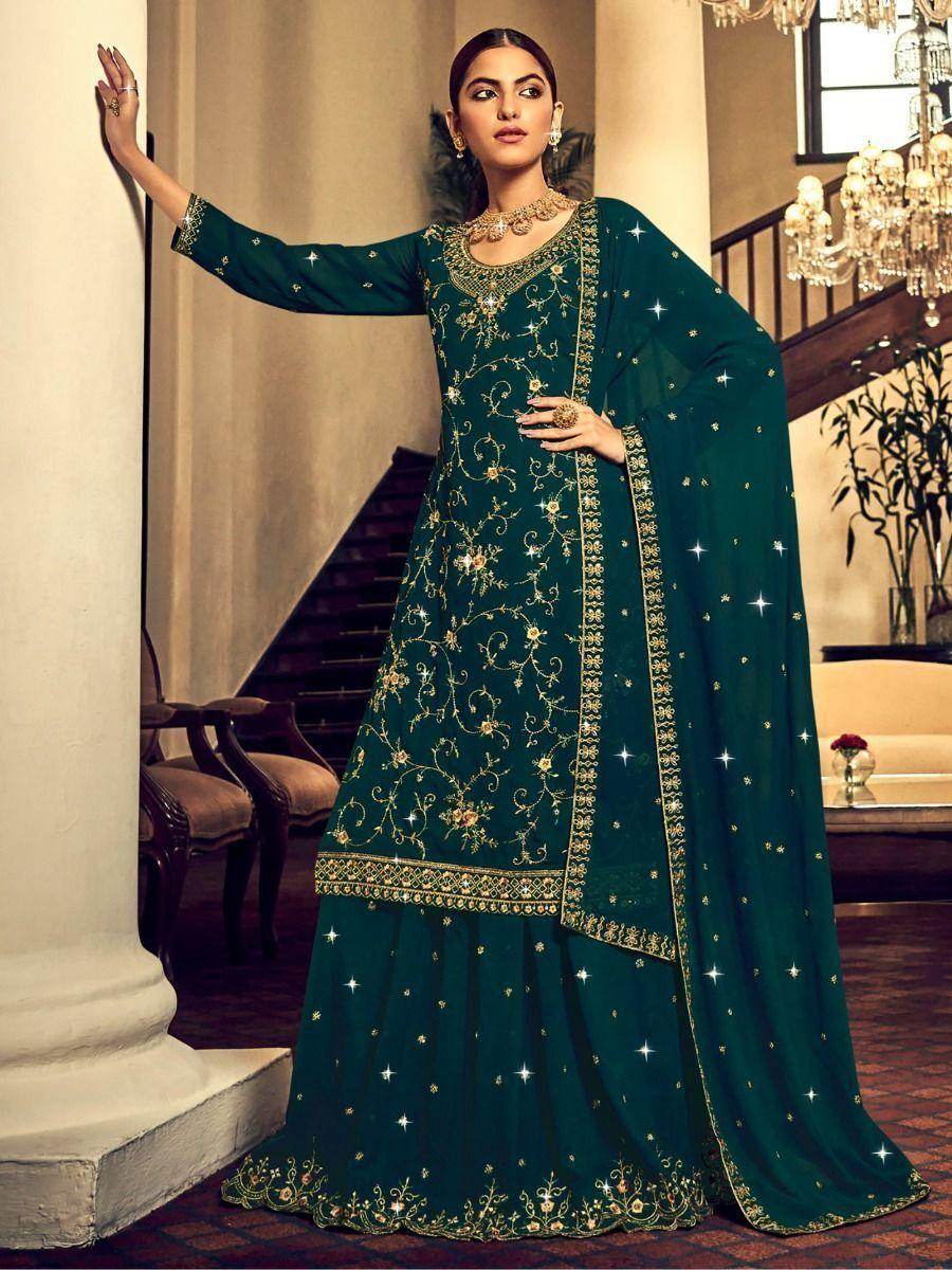 Exquisite Teal Green Embroidered Georgette Lehenga Suit - Zeel Clothing