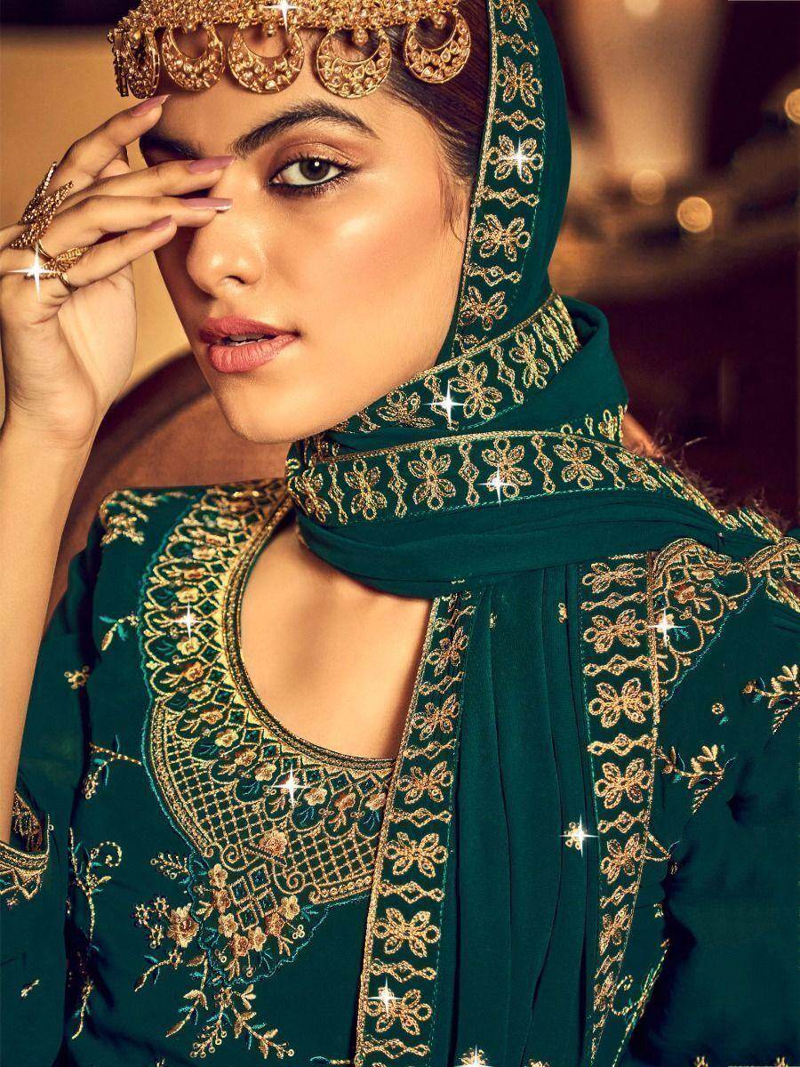 Exquisite Teal Green Embroidered Georgette Lehenga Suit - Zeel Clothing