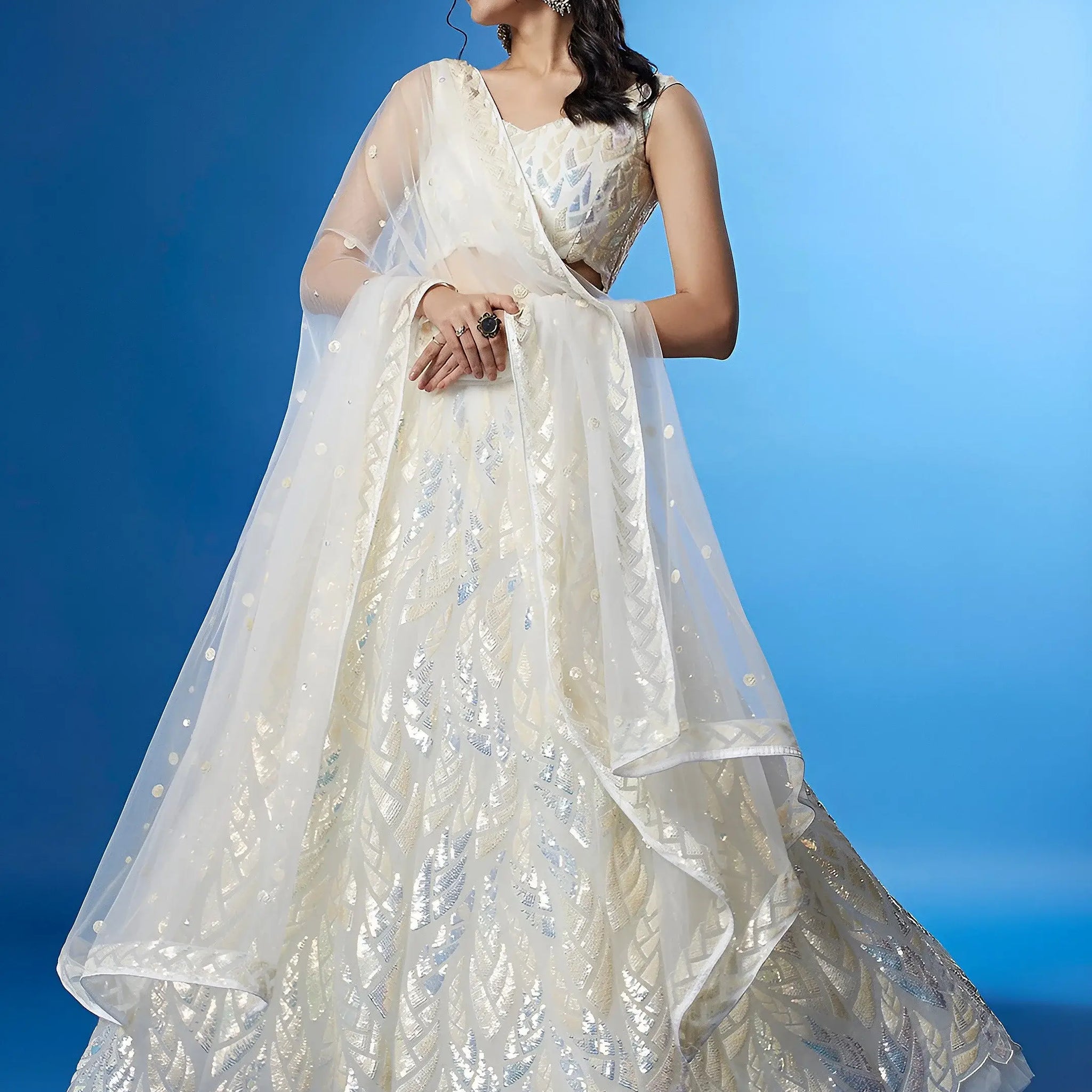 Exquisite White Sequins Net Sangeet Wear Lehenga Choli With Dupatta - Zeel Clothing