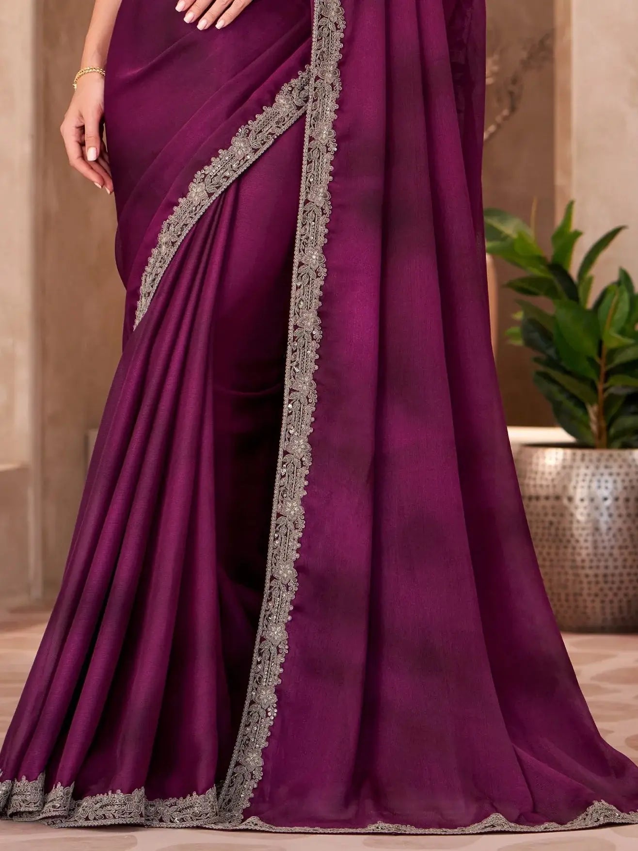 Exquisite Wine Border Work Chiffon Function Wear Saree With Blouse - Zeel Clothing